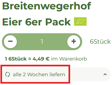 KI generiert: Breitenwegerhof Eier 6er Pack, Preis 4,49 €. Text: "alle 2 Wochen liefern".