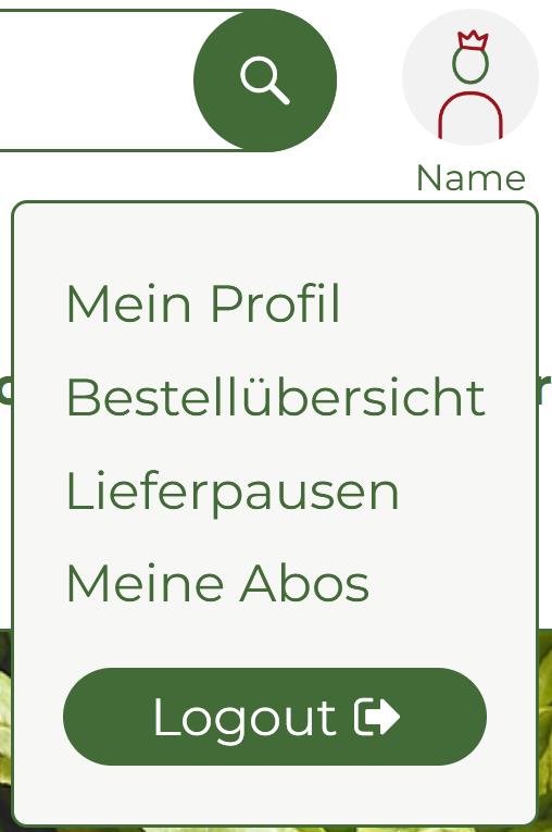 KI generiert: Dropdown-Menü mit Optionen: "Mein Profil", "Bestellübersicht", "Lieferpausen", "Meine Abos", "Logout".