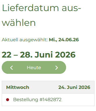 KI generiert: Lieferdatum auswählen: Mi., 24.06.26. Bestellung #1482872. Zeitraum: 22 – 28. Juni 2026.
