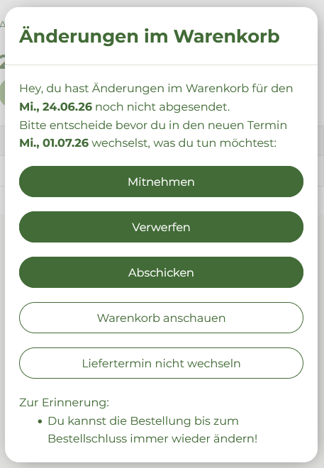 KI generiert: Text zum Warenkorb-Änderungsdialog mit Auswahloptionen und Hinweisen zu Bestellschluss.