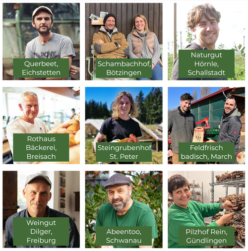 KI generiert: Collage von Personen aus verschiedenen regionalen Betrieben mit Namen und Orten: Querbeet, Schambachhof, Naturgut Hörnle, Rothaus Bäckerei, Steingrubenhof, Feldfrisch badisch, Weingut Dilger, Abeittoo, Pilzhof Rein.